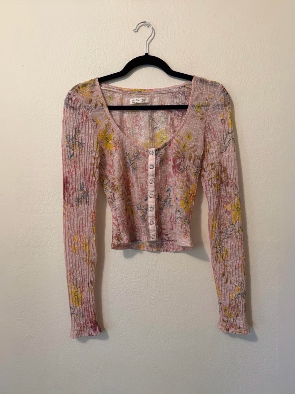 Floral Ribbed Button-Front Long Sleeve Top - Pink